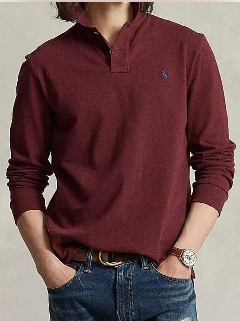 Ralph Lauren Men's Burgundy Long-Sleeve Polo